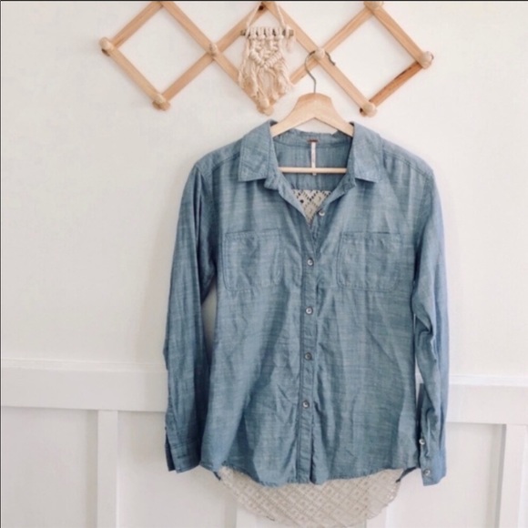 Free People Chambray Denim Button Down w/Lace Back - Picture 2 of 8